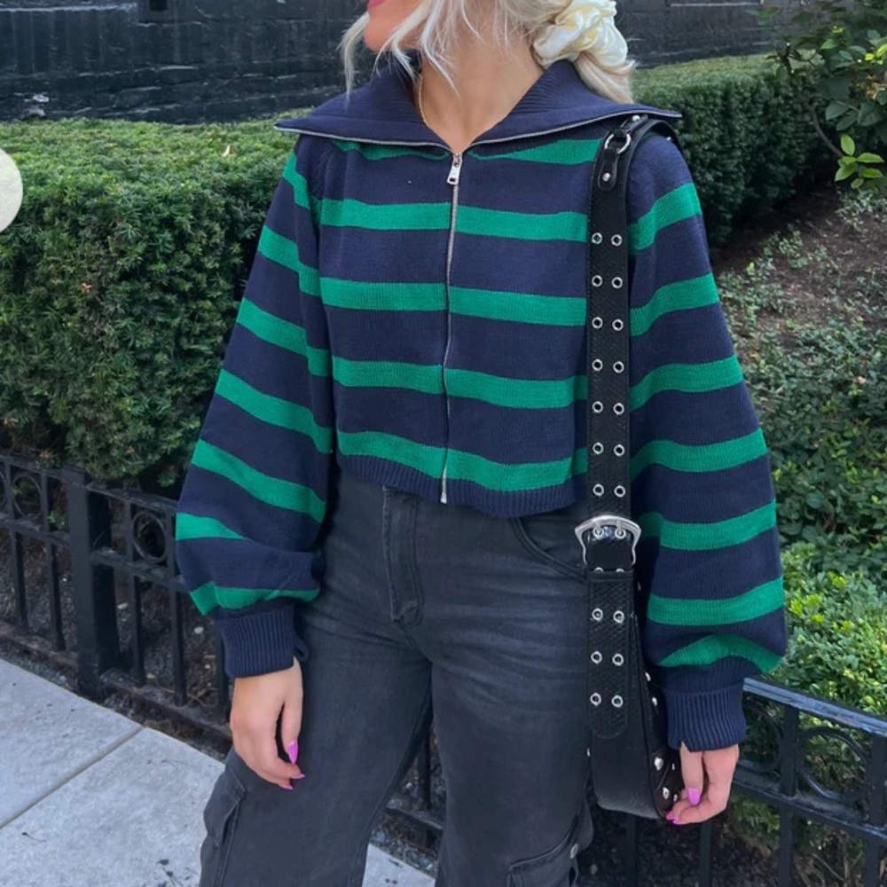 green and navy zip up cardigan! worn only once!